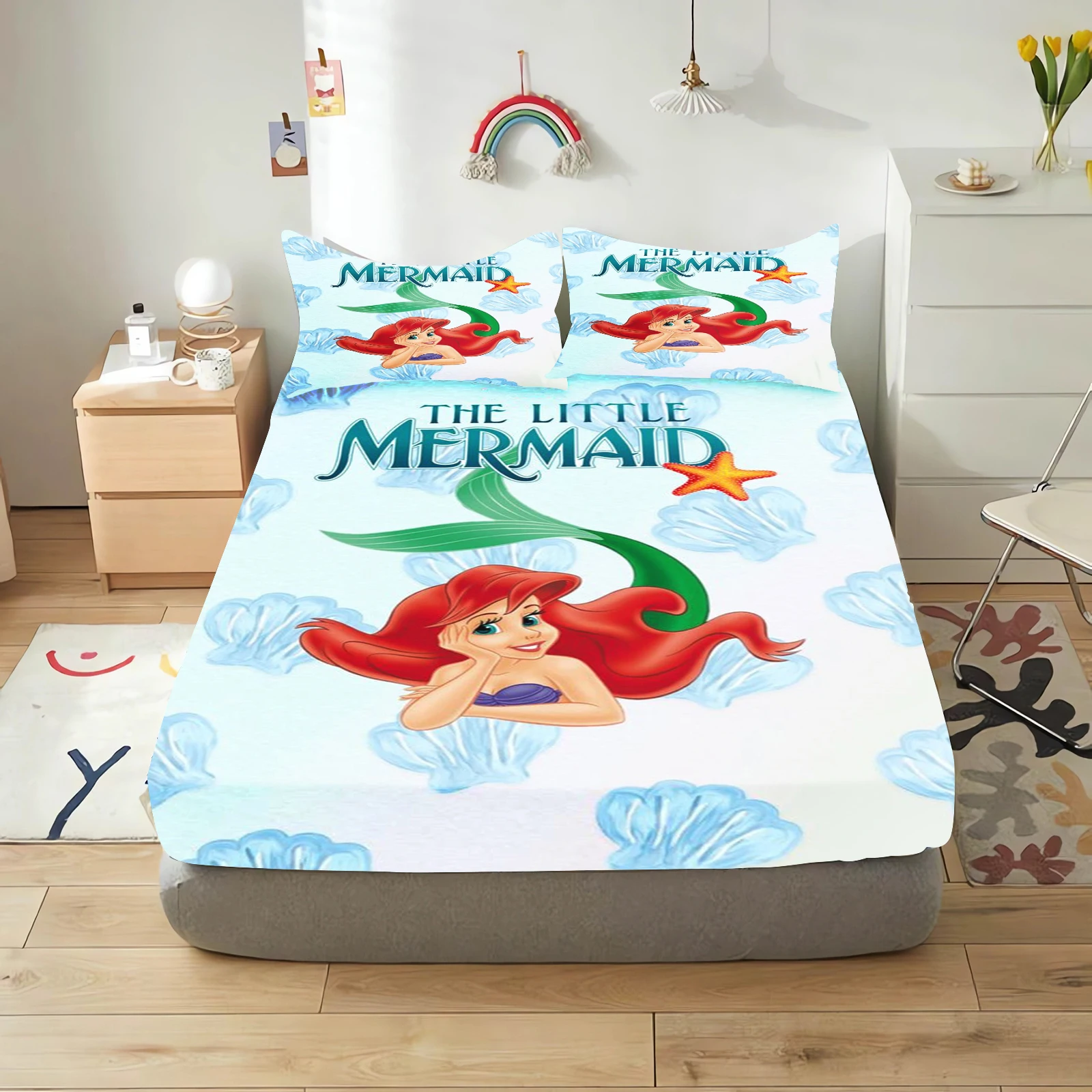 Princess Ariel  Printed Fitted Sheet Bedding Set Mermaid Bed Cover Full 100% Polyester 2/3pcs With Pillowcase Home Decor