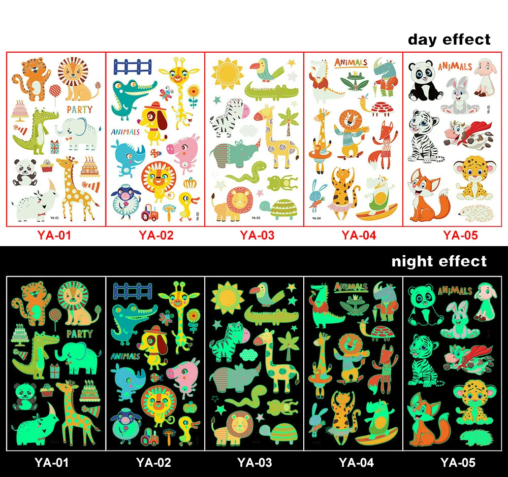 5 Sheets/Set Children Cartoon Luminous Tattoo Sticker for Kids Arm Face Glowing Tattoo Animal Dinosaur Mermaid Design