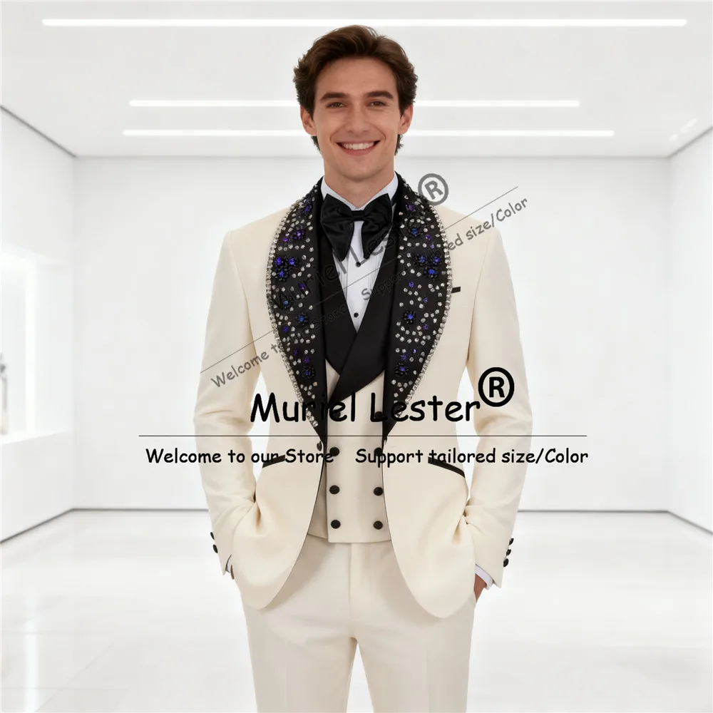 

Luxury Diamond Beaded Suits Men For Wedding Black Shawl Lapel Prom Blazers Customied 3 Pieces Sets Costume Homme Groom Tuxedos