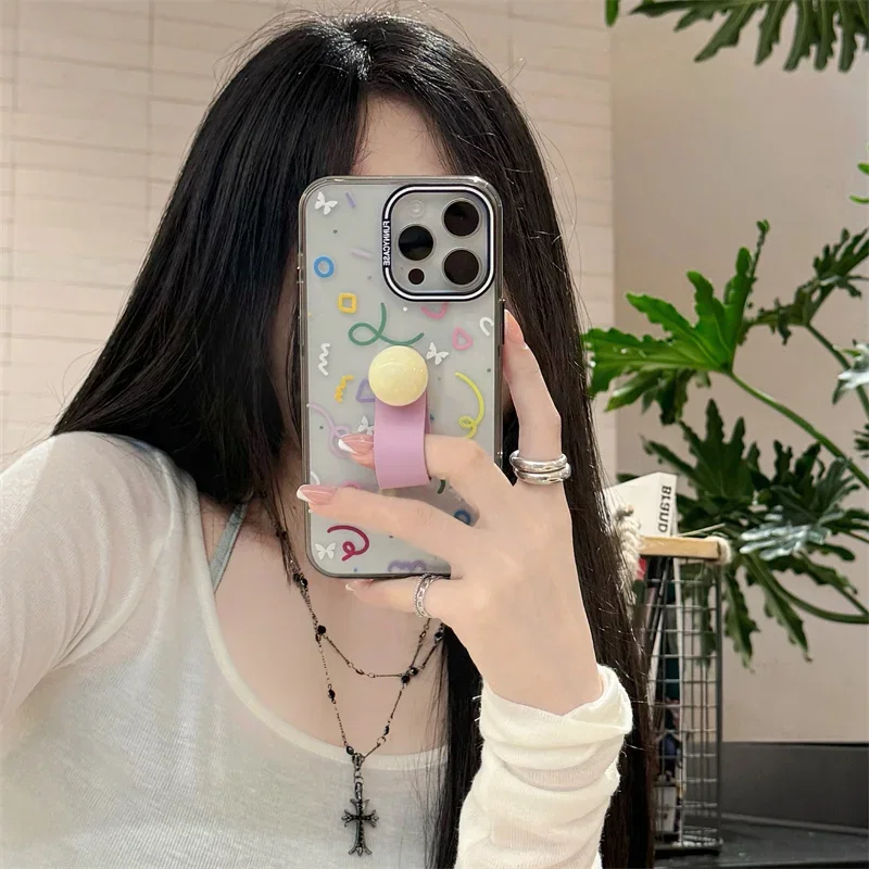 

Kawaii Artistic color lines Phone Case For Apple iPhone 15 Pro 13 14 Pro 14pro Max Cover with Beads Ring Cute Shockproof Cases