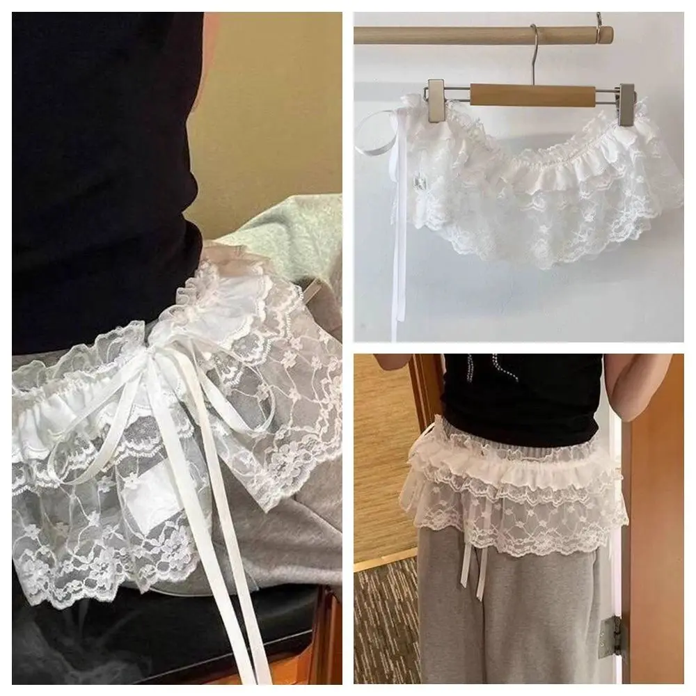 

New Embroidered Flower Lace Mini Skirt Y2K Streetwear Harajuku Lace Up Ruffles Skirt See Through Ruched Skirts Jeans Decoration
