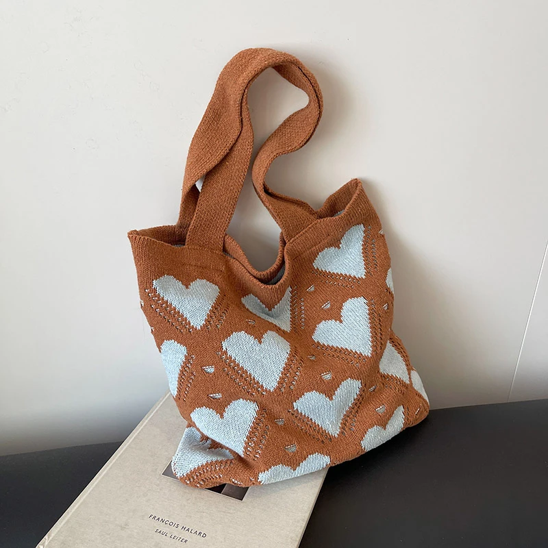 Knitted Tote Bag Red White Heart Pattern Large Capacity Shoulder Bag Vintage Aesthetic Shopping Daily Casual Knit Shopper Bags