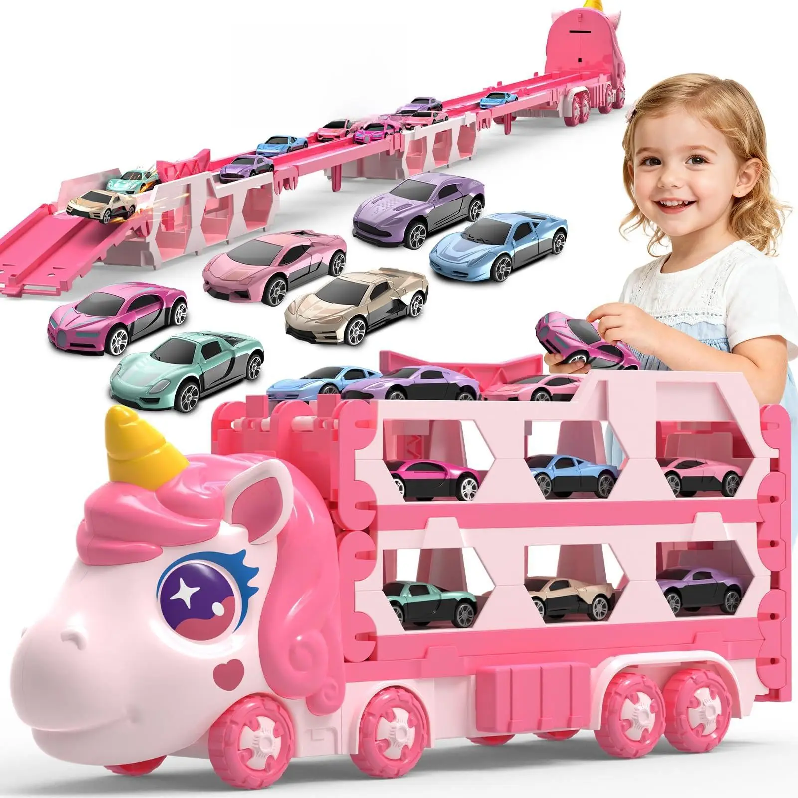 

1Pc Pink Unicorn Transform Container Truck, foldable catapult sliding track car, interactive educational toy for kids