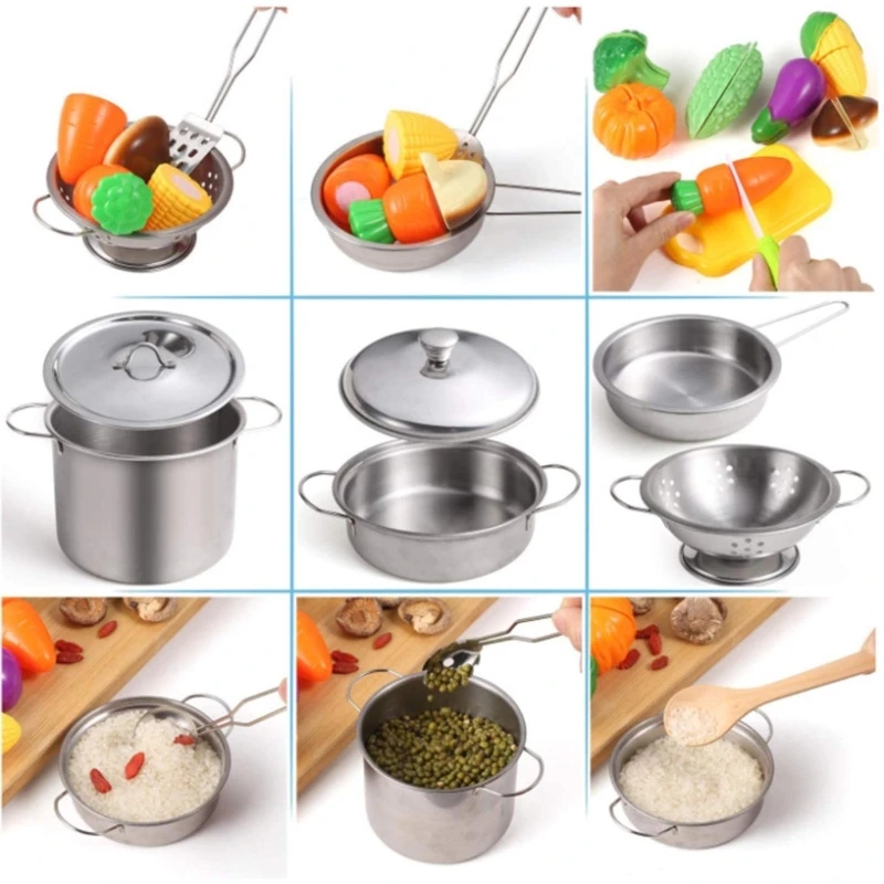 1Set Kids Kitchen Toys Simulation Stainless Steel Pot Pan Cooking Utensil and Food Toy Miniature Kitchen Tool for Boys Girls Toy