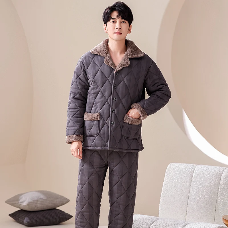 Winter Splice Pajamas Men Thick Knit Cotton Quilted Pajama Set Casual Home Clothes Sleepwear Suits Men's Clothing Pijamas Hombre