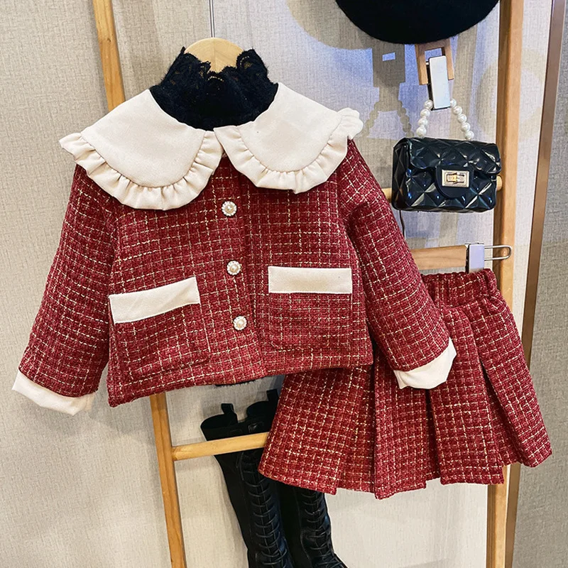 

Зимний твидовый костюм для девочек, клетчатая куртка с кружевным воротником и плиссированная юбка, комплект из 2 предметов, теплые рождественские комплекты для малышей на хлопковой подкладке