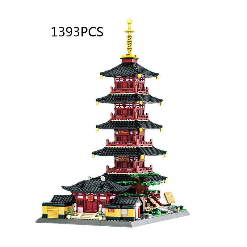 China Historical Architecture Building Block Hanshan Temple Puming Pagoda Cultural Relics Scenic Spot Assemble Model Bricks Toys