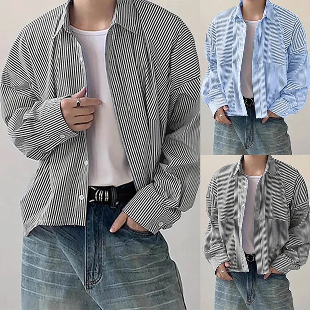 

Мужская полосатая рубашка с длинными рукавами в американском стиле ретро, модный тренд, уличные свободные повседневные дышащие нишевые весенне-осенние новые мужские топы