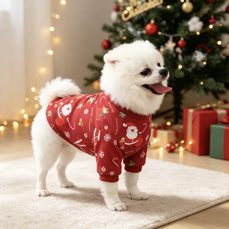 Christmas Dog Sweatshirt Fleece Lined Pet Pullover Clothes Full‑Print Santa Snowflake Xmas Pattern Warm Winter Outfit