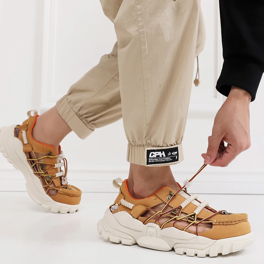 

Fashion Men's Genuine Leather Thick Heel Sandals Wrapped Beach Sandals Elastic Band Hollowed out Water Shoes Comfort Fisherman