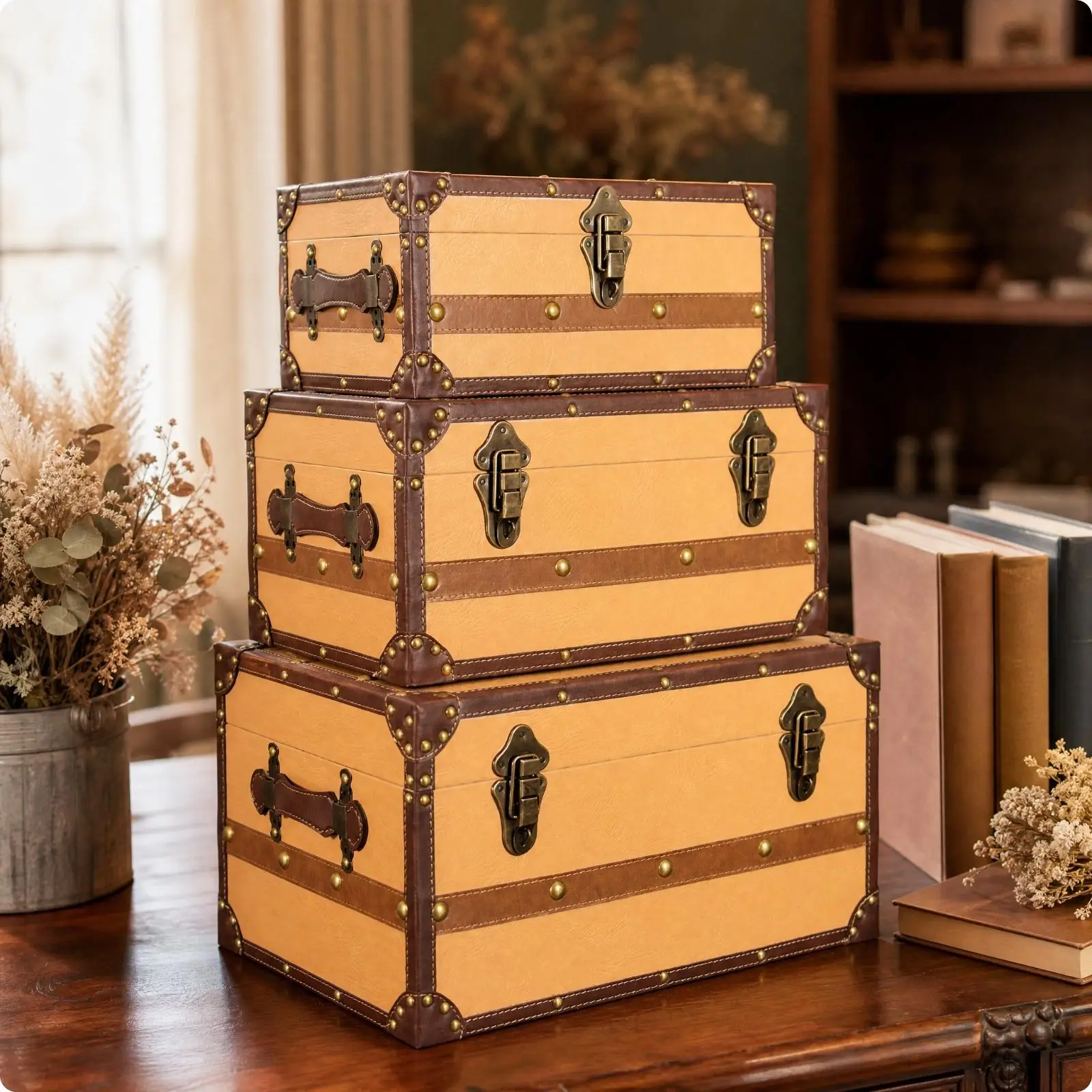 Faux Leather Trim Vintage Trunk Box for Retail Window Styling Household Storage