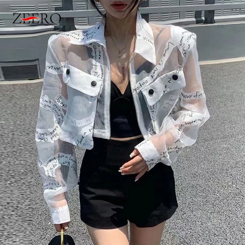 Chaquetas Mujer Summer Streetwear Embroidery Women Long Sleeve Turn Down Collar Letters Jacket Transparent Sunscreen Short Coats