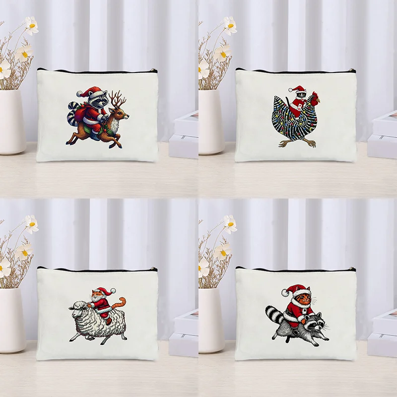 Funny Raccoon Riding Elk Pattern Makeup Bag Christmas Gift for Cat Raccoon Elk Sheep and Chicken Lover XMAS Cosmetic Case Wallet