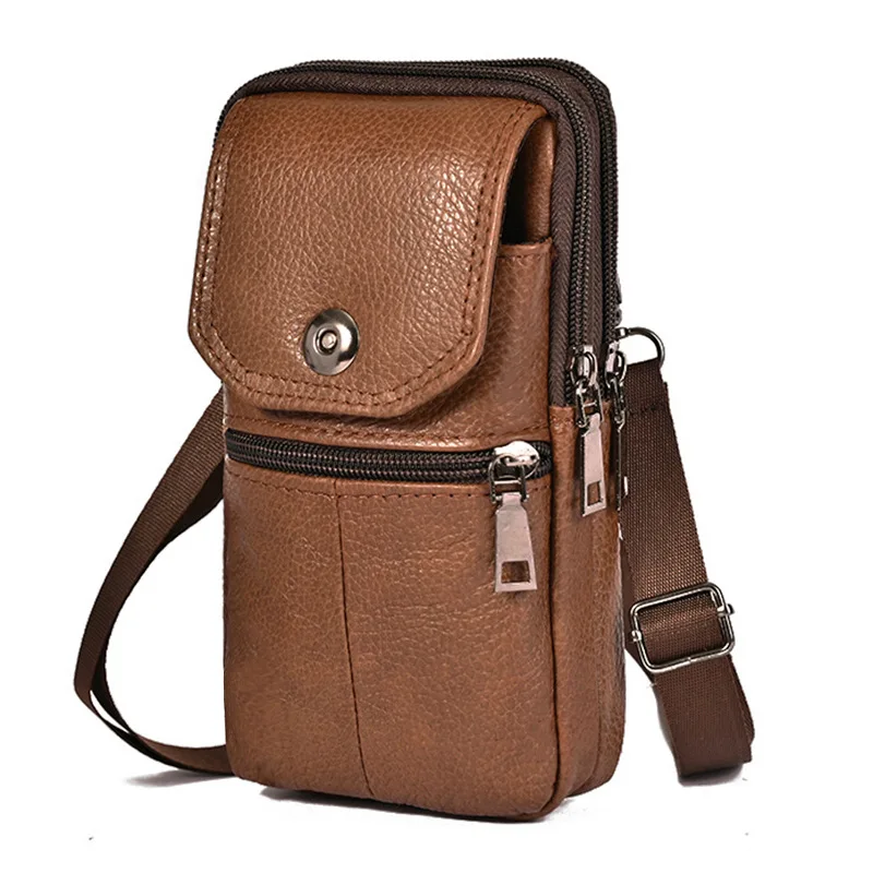 Men Leather Waist Bag Large Capacity Belt Bag Brown Shoulder Bags Crossbody Bags Multi-layer Buckle Mobile Phone Bag Bum Pouch