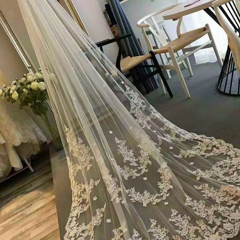 3m 4m 2m Lange Spitze Rand Braut Schleier Weiß Elfenbein Hochzeit Schleier Mit Kamm Neue Braut Zubehör