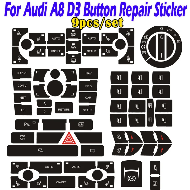 Für audi a8 d3 innen aufkleber zentrales bedienfeld upgrade trim knopf reparatur aufkleber für audi a8l 4e fenstersc halter formteil