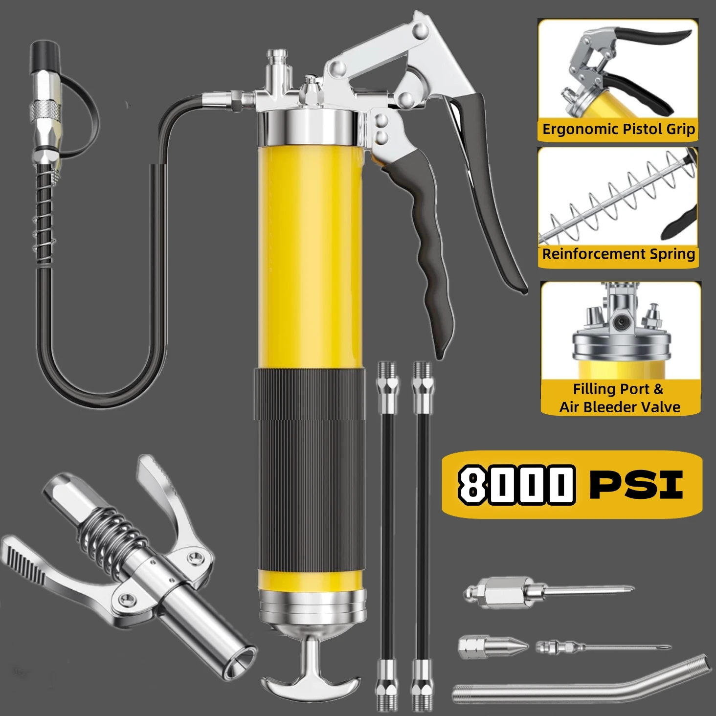 

Heavy Duty Grease Gun Kit for 14 Oz 8000 PSI Professional Pistol Grip Lube Grease Guns Tool with Zerk Fitting Manual Grease Gun
