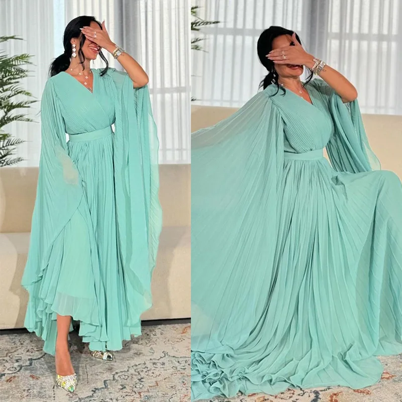 MQ157 Muslim Fashion Dubai Elegant Long Dress Big Swing Chiffon Folded Solid Color Robe