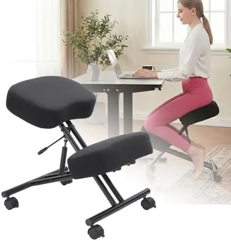 Kneeling Chair Linen Ergonomic Home Office Chair Adjustable Height | Improve Posture Chair with Brake Rolling Wheels