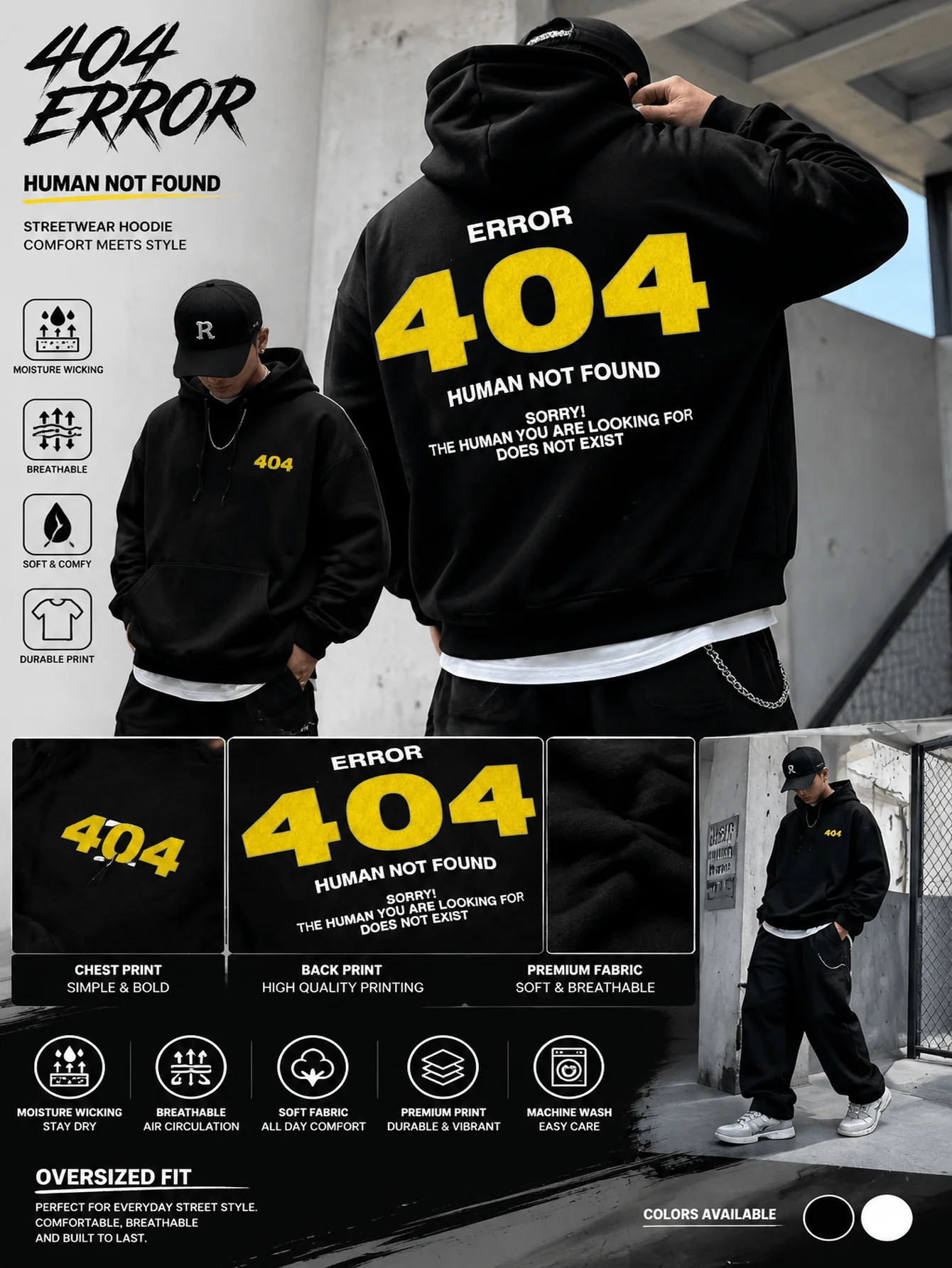 404 Error Street Style Hoodie, Comfortable, Breathable, Fashionable, Suitable for Both Men and Women, Trendy Printed Design