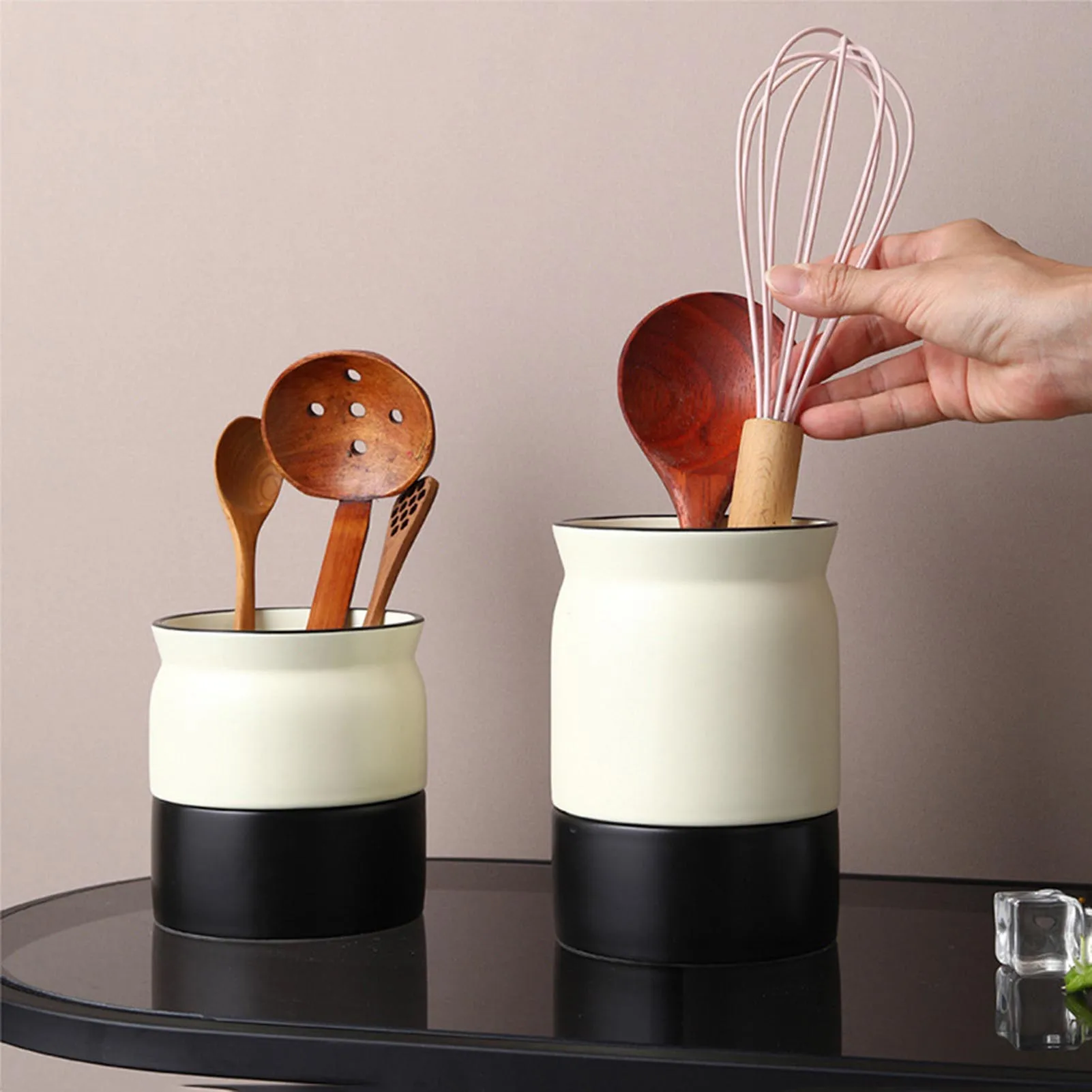 Ceramic Kitchen Utensil Holder with Drain Hole Design Flatware Organizer Suitable for Spoons Forks Spatulas