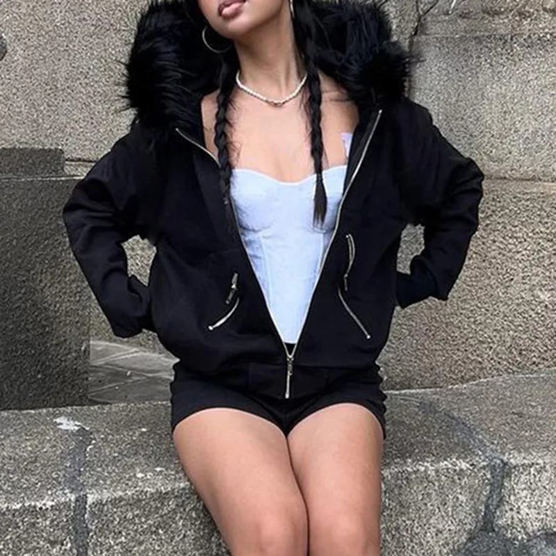 

Dark wind large hair collar hooded loose casual hoodie coat female autumn Europe and the United States zipper fashion new top
