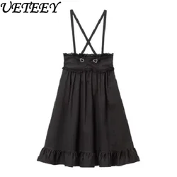 Japanese Mine Style Mass-Produced Waist Black Skirts Sweet Cute Girls All-matching Kawaii Slimming Pleated Suspender Skirt