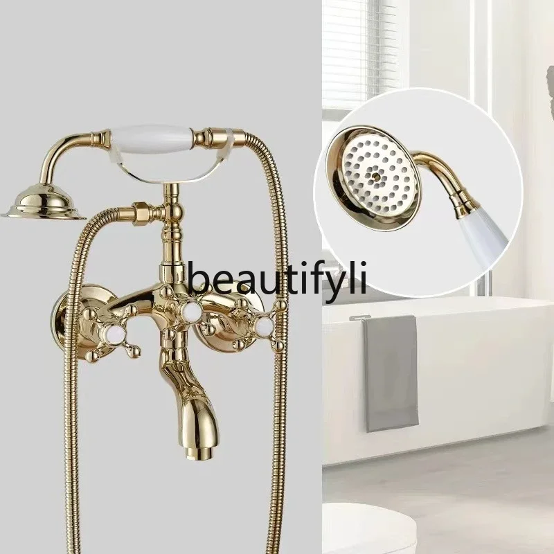 

French Retro Shower Set Copper Gold Shower Double Handle Telephone Hot and Cold