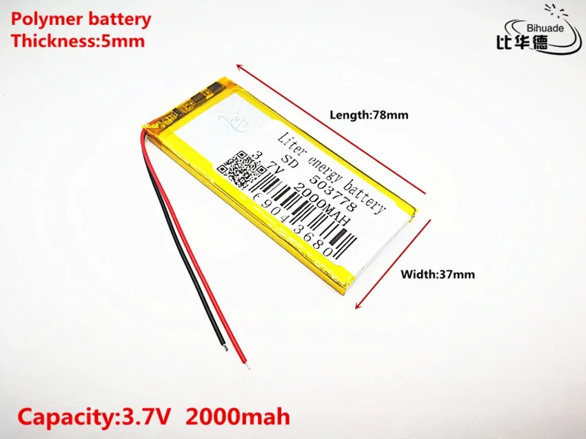 2pcs Liter energy battery Good Qulity 3.7V,2000mAH,503778 Polymer lithium ion / Li-ion battery for TOY,POWER BANK,GPS,mp3,mp4