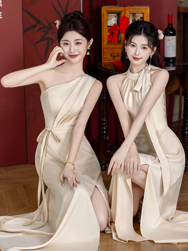 

Champagne Color Maids Dr Summer Ele Long A-Line Skirt Wedding Par Performance Daily Wear Polyester Fabric ort Sve