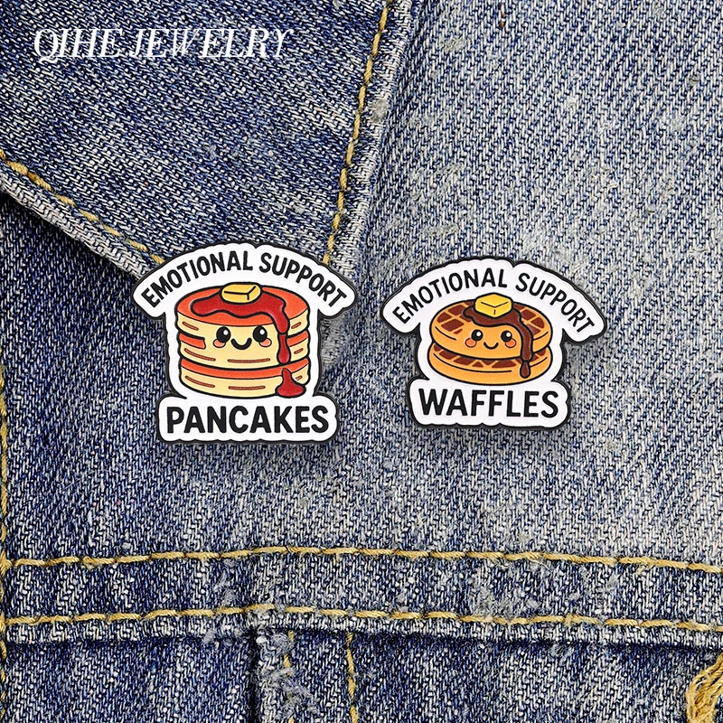 Emotional Support Waffles And Pancakes Enamel Pins Cartoon Cute Breakfast Food Alloy Brooch Decor Bags Lapel Badge Jewelry Gifts