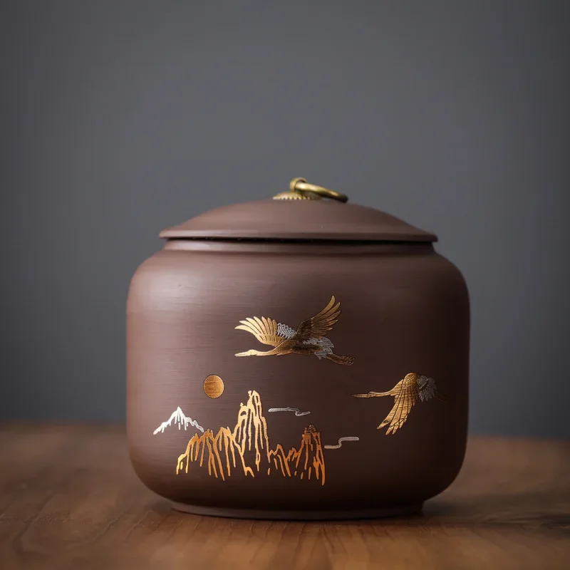 

Purple Clay Ceramic Tea Jar Retro Bird Sunset Storage Jar Decoration Moisture-proof Sealed Storage Jars Sundries Candy Container