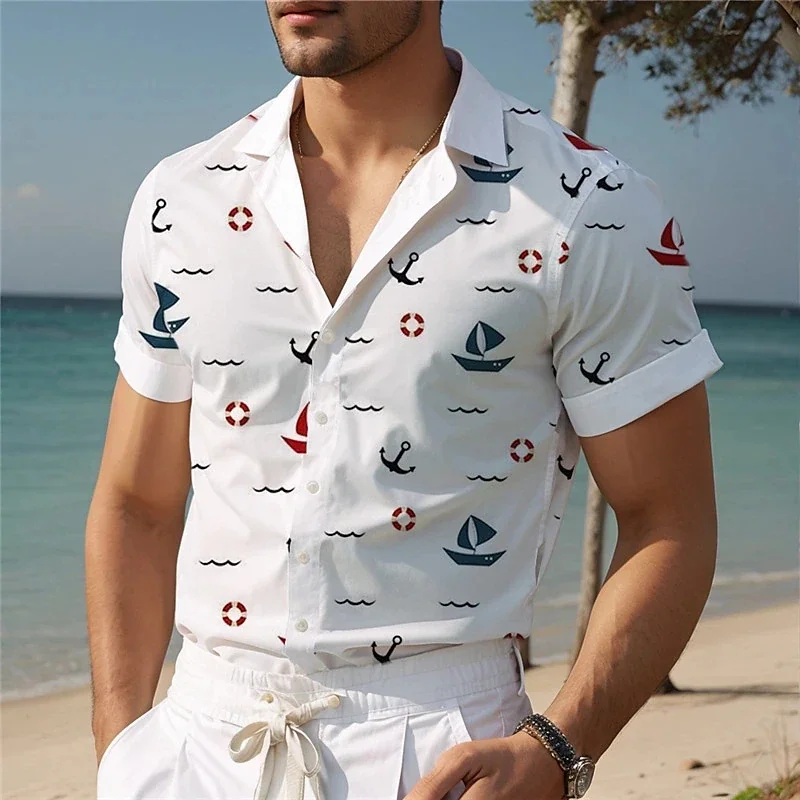 

Sailboat Print Men's Turndown Shirt Hawaiian Outdoor Street Short Sleeve Tops Vacation Beach Blouse Summer Oversized Man Shirts