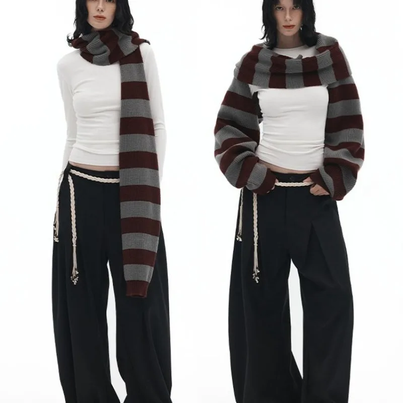 Vintage Striped Knitted Scarf for Warmth Women Contrasting Color Creativity Scarf with 2-sleeve Scarf for Trendy Versatile Wear