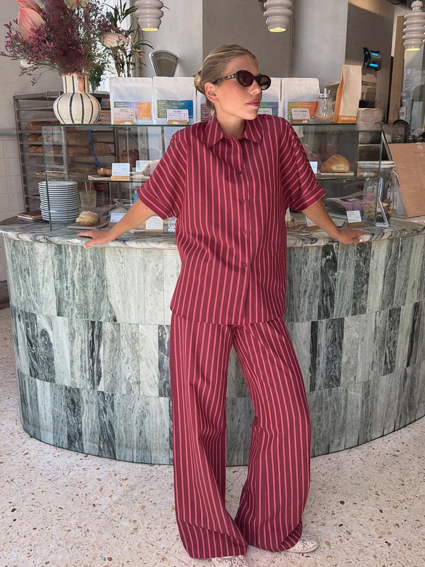 Cuffed Short Sleeve Button up Shirt Striped Wide Leg Pants Two Piece Set High Waist Long Length Color Block Pattern Women's F...