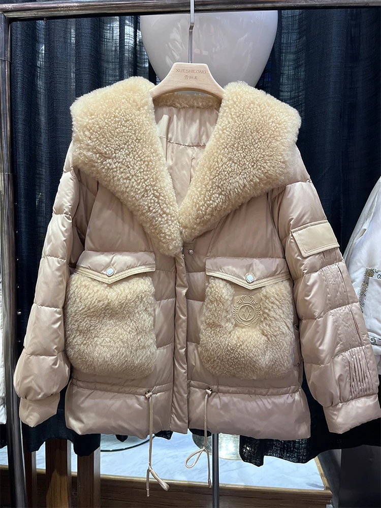 Women Winter Goose Down Jacket Natural Sheepskin Fur Collar Sweet Style Luxury Female Coats Streetwear