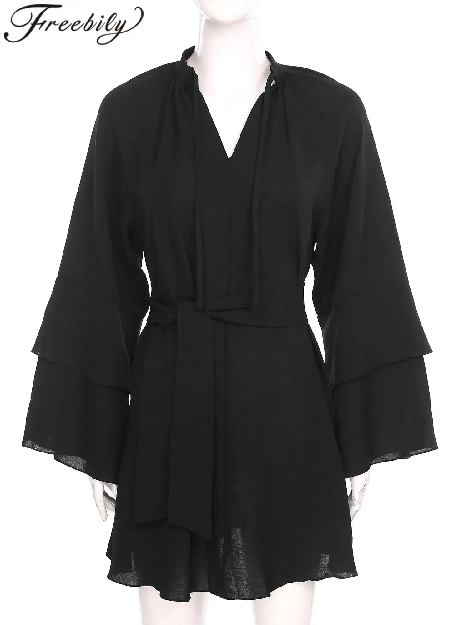Mini robe irrégulière pour femmes, mode Streetwear, couleur unie, col en v, Robe de plage, à volants, manches longues, Robes de soirée