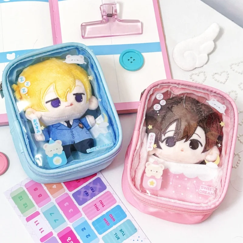 Sweet Dream Bear 10-13cm Plushie Display Itabag, Kawaii Canvas Storage Pouch with Pvc Window, for Anime Kpop Merch Layout Decor