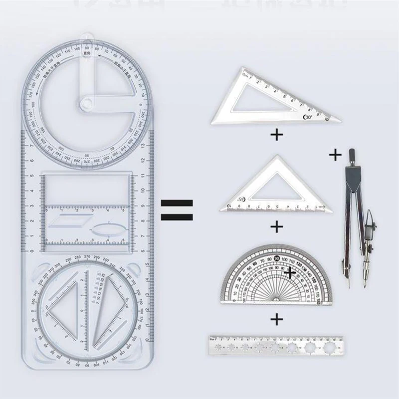 Regla de dibujo geométrica móvil multifuncional para estudiantes de matemáticas, 1 piezas, 360 °, portátil, transparente, 3D