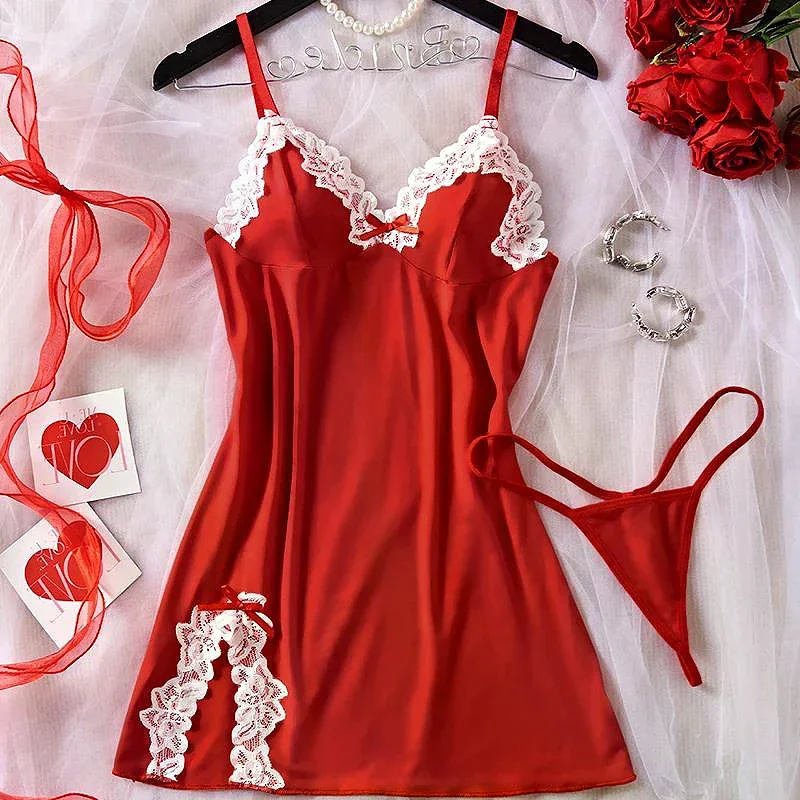 

Женская ночная рубашка с глубоким V-образным вырезом, сексуальное кружевное нижнее белье с бантом, платье для взрослых, пижама, комплект нижнего белья, одежда