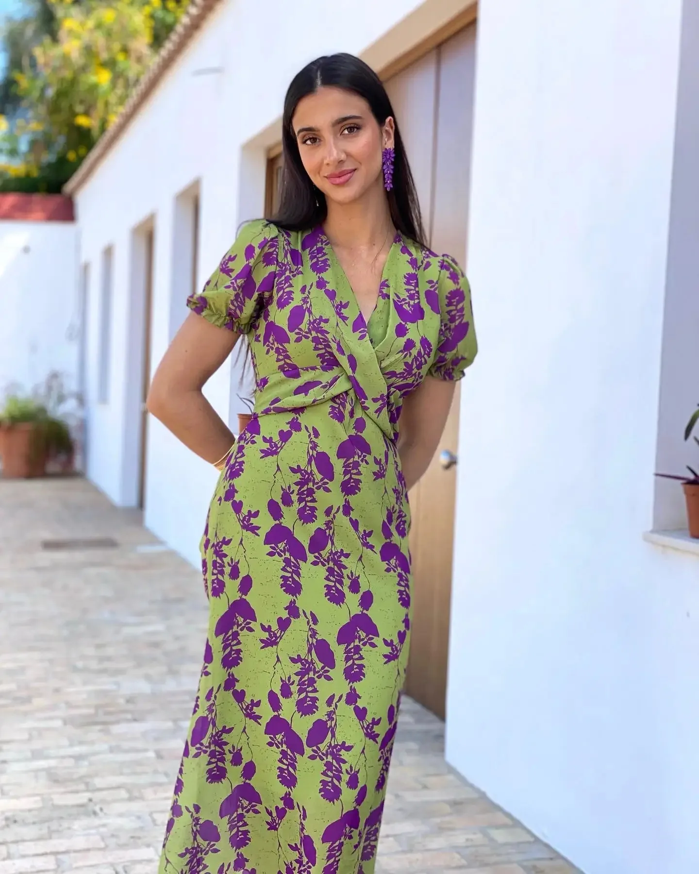 Vestido largo con estampado de manga corta para mujer, ropa verde elegante, Sexy, ajustada, con cuello de pico, para fiesta y Noche