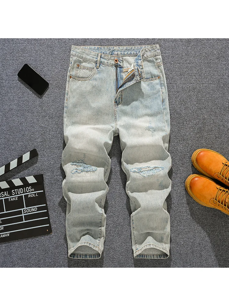 Amerikanische Modemarke, lockere Jeans mit geradem Bein für Herren, Street-Hip-Hop-Stil, Retro-High-Street-Jeans mit weitem Bein und zerrissenem Patch
