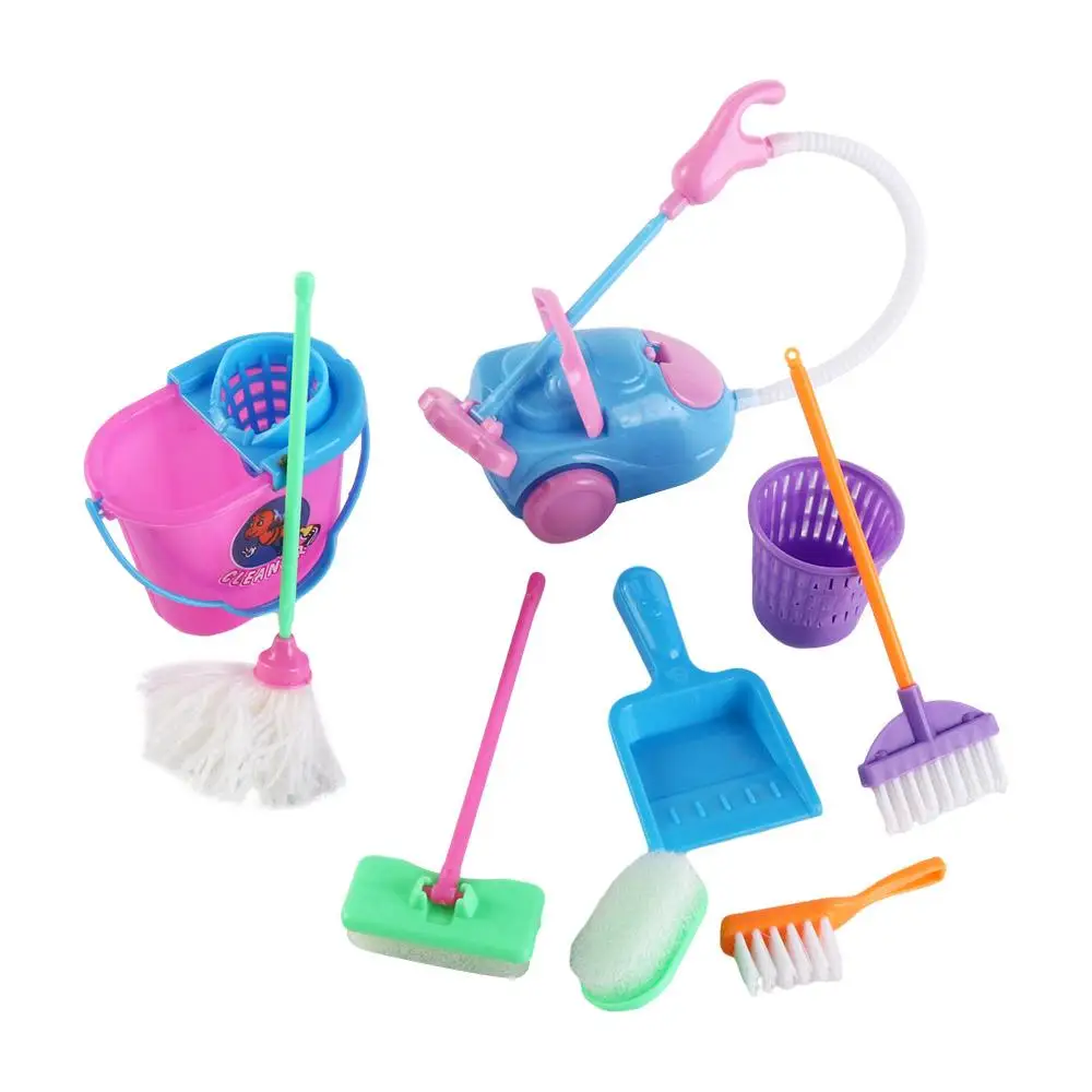 9 pçs/set fingir jogar 1:6/1:12 casa de boneca móveis mop escova casa de bonecas ferramentas limpeza doméstica balde banheiro