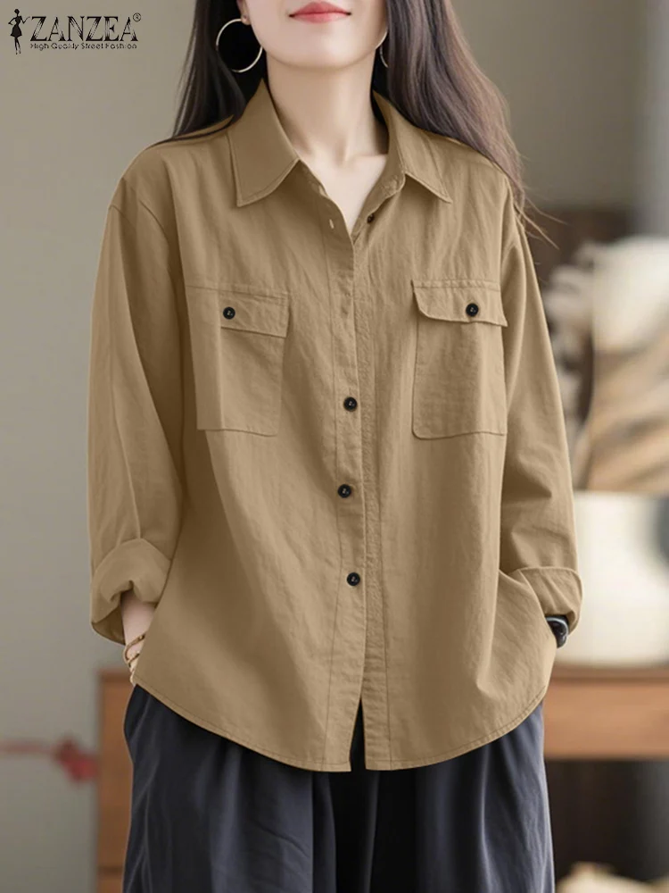 2025 zanzea outono moda camisa feminina blusa lapela pescoço manga longa topos elegante sólido solto ol camisas de trabalho túnica blusas femme