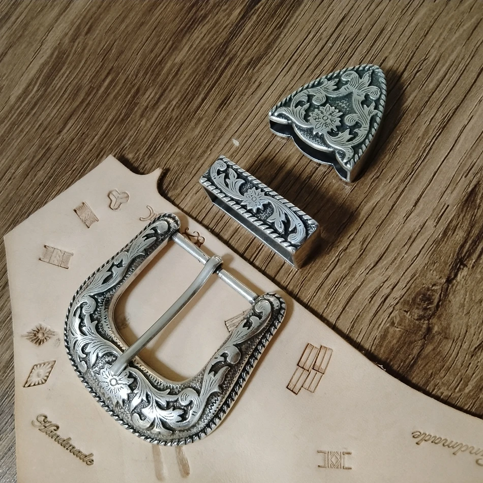 DIY Leather Craft Accessories Zinc Alloy American Western Classic Belt Buckle Small Floral Rope Pattern Three-Piece Set