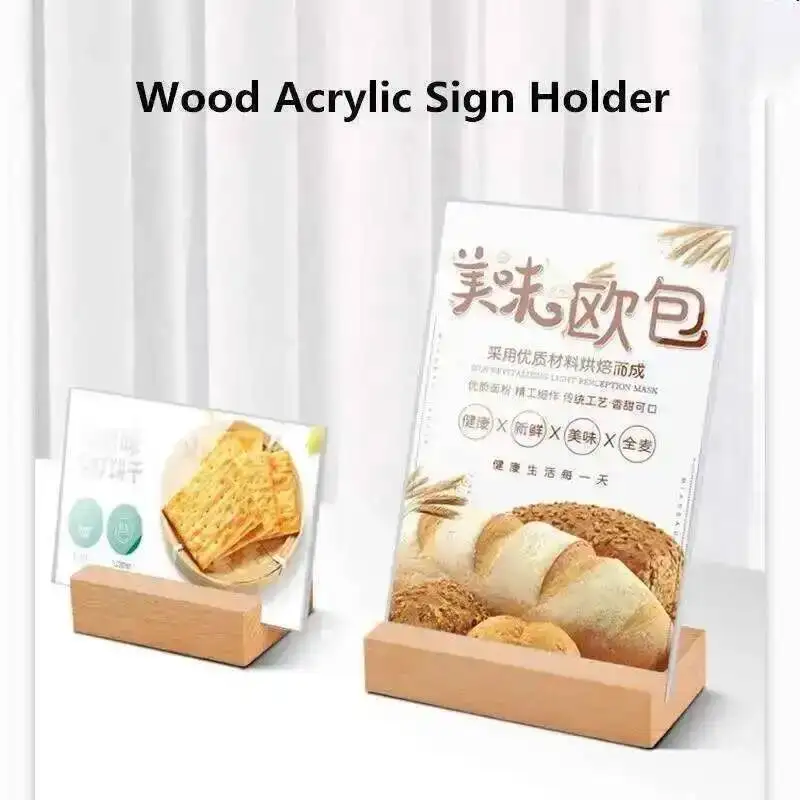 2Pcs 90X60MM Table Number Place Card Holder Wood Base Acrylic Sign Holder Display Stand Price Label Paper Tags L Shape
