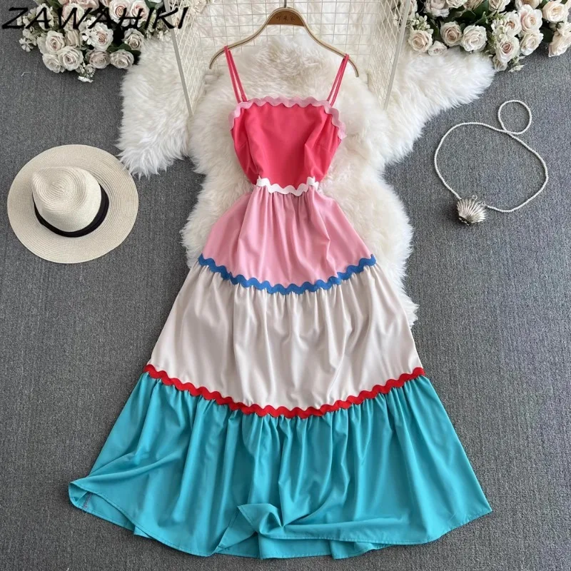 

Camisole Dress for Holiday Patchwork Contrast Color Vestidos Slim Waist Sleeveless Femme Robe Office Lady Fashion Ropa Mujer
