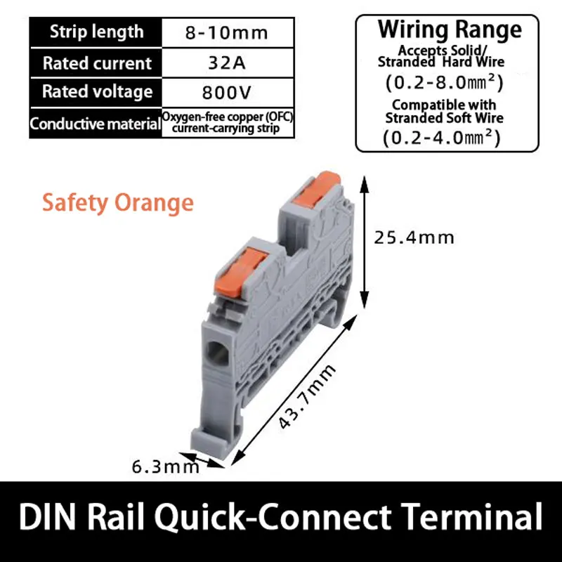 Bloco Terminal KV2.5 com Trilho de Cobre Reforçado - Sem Parafuso/Pressão Necessária, Mola de Aço Inoxidável, Cabo 0.2-2.5mm²/Barramento de Cobre Puro