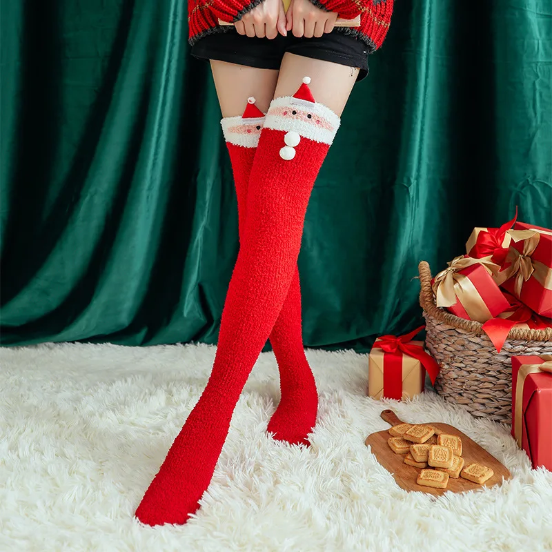 Coral Fleece Knee Socks Womens Cartoon Stocking Long Kawaii Socks Warm Red Santa Stocking for Women Winter Home Indoor Socks