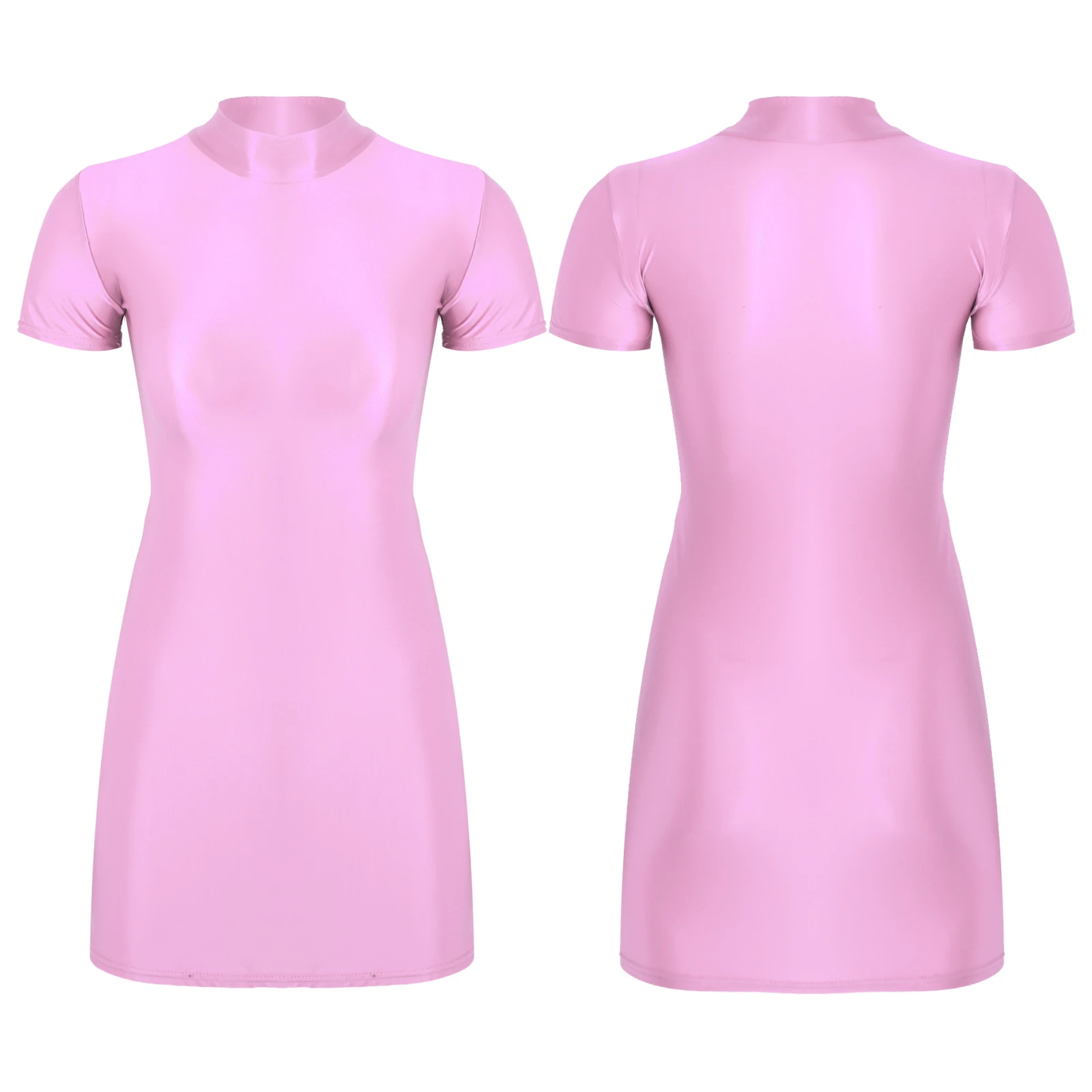 Nữ Bóng Mịn Bodycon Đầm Áo Thun Nữ Tay Ngắn In Hình Giả Cổ Dầu Sáng Bóng Quần Clubwear Rave Đảng Múa Cột Mini